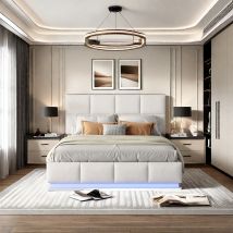 Letto imbottito 140x200 cm con illuminazione a LED e contenitore per letto sollevabile idraulicamente – Letto matrimoniale in ecopelle con rete a doghe