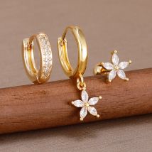 Flower Hoop Earrings Set for Women Stainless Steel Dangle Drop Earrings Trend Cubic Zirconia Wedding Couple Ear Jewelry aretes