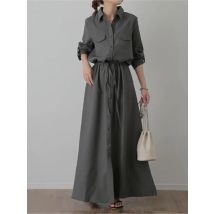 Einfarbig Shirts Lange Kleider Frauen Mode Lässig Revers Langarm Kordelzug Elastische Taille Kleid Weibliche Pendeln Kleidung