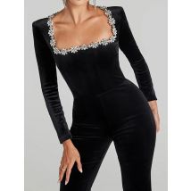 Frauen Frühling Urlaub Slim Fit Langarm Samt Overalls Solide Quadrat Kragen Elegante Flare Hosen Casual Damen Playsuits 2025