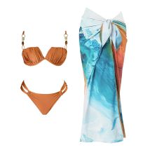 Sexy 3-teiliger Bikini-Badeanzug für Damen, 2025, neue Badebekleidung mit Sarong, Push-Up-Badeanzug, Strandmode, Bandeau-Biquini, weibliche Vertuschung
