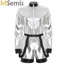 Metallisch glänzender Astronauten-Overall für Damen mit Taillengürtel, Reißverschluss vorne, Boyshorts, Body, Dress-Up, Spacewoman, Cosplay-Kostüme