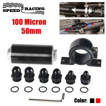 Universelles 100-Mikron-Inline-Kraftstofffilter-Set mit 6AN 8AN 10AN-Adaptern, 50 mm Montagehalterung und Schraubenschlüssel, reinigbar, Schwarz/Rot