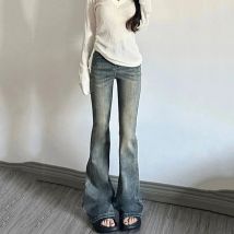 Vintage Hohe Taille Ausgestellte Jeans für Frauen Streetwear Elastische Slim Fit Bell-Bottom-Hose Frau Koreanische Ins Baggy Denim Hosen
