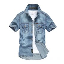 Männer Multi taschen Denim Werkzeug Shirts Neue Sommer Kurzarm Blue Jeans Shirts Hohe Qualität Männer Baumwolle Casual Shirts Größe 5XL