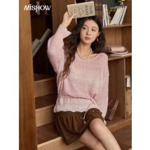 MISHOW Damen-Strickoberteil mit rosa Farbverlauf, 2025, Herbst, französische Wollmischung, gerippte Bündchen, Langarm-Tops mit gestricktem Seil MXE43Z1334