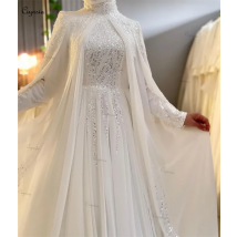 Ciynsia Maßgeschneiderte Dubai Muslim Brautkleider mit Hijab Stehkragen Brautkleider Chiffon Perlen Lange Ärmel Robe De Mariée