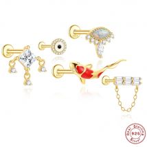 AIDE 1PC 925 Sterling Silver Lucky Red Koi Piercing Earring For Women Geometric Chain Zircon Ear Bone Stud Earrings Fine Jewelry