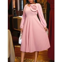 Elegante edle Kirchen kleider für Frauen hübsche rosa plissierte Party lange Puff ärmel 3d Rose Blume Hochzeit Gast edle neue Kleider