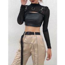 Frauen T-Shirt sexy Hip Hop Gothic Lady Micro kurze Metall kette Spitze durchsichtige Mesh Langarm Roll kragen Hot Tops