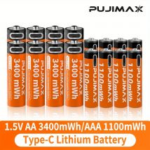 PUJIMAX Batteria al litio ricaricabile AA e AAA da 1,5 V 3400 mWh/1100 mWh, porta di tipo C che carica è riutilizzata 1500 volte per sveglie