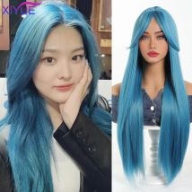 Xy lange gerade synthetische Perücken hellblau mit Asche Highlight Cosplay Perücke mit Pony für Frauen Natur haar hitze beständige Faser