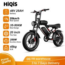 Bicicletta elettrica HiQiS S8 con motore da 25 km/h, 48V 25AH, doppia sospensione, pneumatici fat da 20 pollici, lunga autonomia di 50 km, e-bike per adulti