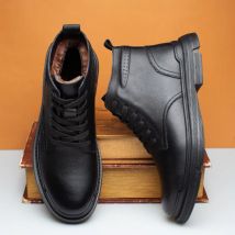 100% echtes Leder Schuhe Männer Herbst Winter Stiefel Dicke Sohle Warme Plüsch Kuh Leder Herren Stiefeletten Schwarz Schuhe KA3094