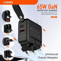 LDNIO GaN 65W Caricatore rapido Tipo C Adattatore da viaggio universale con spina US EU UK AUS Caricatore USB portatile all-in-one per i viaggi