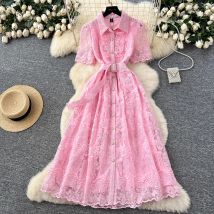 Spitze bestickt formelle Abend Luxus Kleid Frauen Sommer Kurzarm einreiher Diamant Knöpfe Gürtel Party lange Kleider