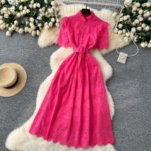Französisch Vintage Oansatz Schärpen Haken Blume hohl Kurzen Ärmeln Einreiher Kleid A-linie Casual Frauen Mode frauen kleidung