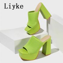 Liyke Sommer Mode Grün Stricken frauen Hausschuhe Bankett Nachtclub Plattform Chunky High Heels Slide Mule Schuhe Weibliche Sandale