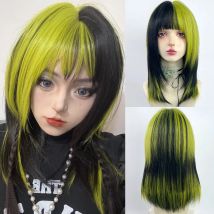 Schwarz Grün Lila Highlights Layered Kurze Gerade Synthetische Perücke mit Pony Flauschige Lolita Cosplay Perücke für die tägliche Party