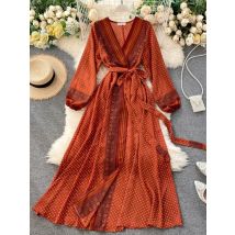 Spring Autumn Women's Holiday Dress New Thin Chiffon Retro Print Lace-up Waist Slim Long Dress for Women LL975