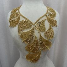 1 Pc Gold Gorgeous V-Neck Leaves Sequin Bead Embroidery Patches Fabric For Clothes Dress Accessories Sewing Applique Repair