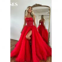 ROSES Tiered Layer A-Linie Partykleider Rotes Netz-Abschlussballkleid Side Split Shining Robe De Soirée Spaghettiträger Damen-Abendkleid