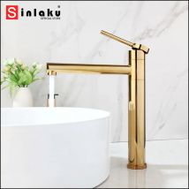 Rubinetto per lavabo da bagno SINLAKU, placcato oro, montaggio su piano, stile moderno, controllo a singolo manico con miscelatore acqua calda e fredda