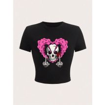 Vintage Rosa Herz Schädel Design Druck Crop Top Sommer Mode Straße Weibliche T-Shirt Stretch Weiche Bequeme Frau Kleidung