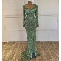 Luxus Pailletten Abendkleider Meerjungfrau Perlen Langarm Frauen Grün Formale Abschlussball Abschlussfeier Kleider für Hochzeit Maßgeschneidert