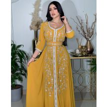 Elegante eid muslimische Abend party Jalabiya Marocain Kleid Ramadan arabisch gelb Stickerei Abaya islamische türkische marok kanis che Kaftan
