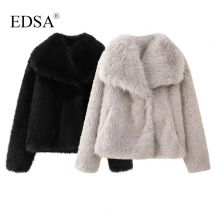 Edsa Frauen Mode Kunst pelz Jacke Vintage Turn-Down-Kragen Langarm Mantel Herbst Winter Frau elegante Streetwear