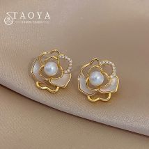 Halb ausgehöhlte Goldfarbe Magnolie Perlens chale Ohrringe Schmuck Party Mädchen Luxus Accessoires Frauen exquisite Geschenke