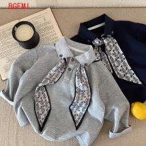 2-10Y Children's Handsome cotton Polo Shirt 2025 Spring fall New Gray T-shirt+ Silk Scarf Navy Blue Long Sleeved Baby Base Shirt