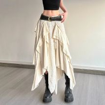 Deeptown Vintage Asymmetrische Lange Rock Frauen Y2k Harajuku Elegante Spitze Rüschen Rock Gothic Koreanischen Stil Straße Layered Röcke