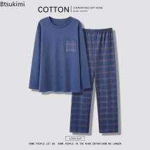 2026 Herren-Schlafanzug aus 100 % reiner Baumwolle, zweiteilig, modischer Patchwork-Print, Langarm-Hose, lockerer Lounge- und Heim-Pyjama für Herren