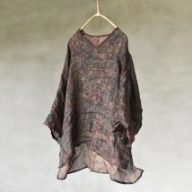 Übergroße Frauen Casual Leinen T-shirts Neue 2025, Sommer Vintage Stil V-ausschnitt Blumen Druck Lose Weibliche Casual Tops Tees M739