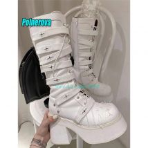 Plattform Runde Kappe Chunky Heels Kniehohe Stiefel Gothic Stil Weiß Schwarz Kreuz Gebunden Dicke Sohlen Ritter Stiefel Cosplay Frauen Schuhe