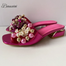 Sexy Perlen Blumen Dekor Hausschuhe Frauen Platz Offene spitze Pumps Party Schuhe Sommer Für Mädchen