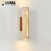 Luma japanische gelbe Travertin-Wandleuchte aus Stein und Holz, Wandleuchte für Wohnzimmer, Schlafzimmer, Nachttisch, Flur, Heimdekoration