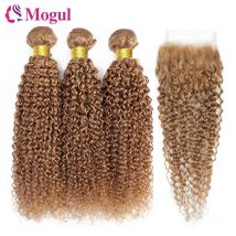 Jerry-mechones de cabello humano rizado con cierre, extensiones de cabello Remy brasileño, 4x4, rubio miel, 3/4g por juego
