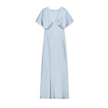 Elegant Satin Long Pleated Dress Women Solid V-neck Short Sleeve Slim Dresses Female 2025 Summer Lady Chic Party Evening Robes