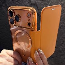 Überzug Magnetische Slot Karte Tasche Halter Fall Für iPhone 11 12 13 14 15 16 17 Pro Max Transparent Falten Leder Wallte Flip-Cover