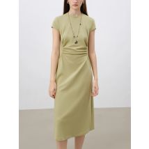 ZIQIAO 2025 SS Petite Damen-Strickkleid mit schmaler Passform und Taille – dehnbares, figurbetontes Midikleid mit Rundhalsausschnitt, lässig, minimalistisch