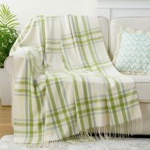 Battilo Plaid Throw Blanket for Bed Couch Green Lightweight Sofa Blanket Cashmere Blankets with Tassels Fall Throw Spring Decor
