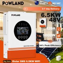 Inverter Ibrido POWLAND 6.5KW MPPT 48V 220V, Ingresso Max PV 500VDC 9000W, Caricatore Solare 120A, Supporto BMS, Funzione Parallela, WIFI Integrato
