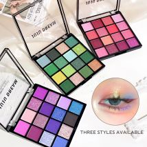 Palette di ombretti a 16 colori: Koi, Sirena, Foresta incantata, con finiture perlescenti, opache e sottili luccicanti.