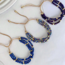 3-lagiges AB-Blau-Gold-Farbe-Perlen-Armband, handgefertigt, verstellbar, für Frauen, Vintage-Design, Schnurweberei, Knoten, Armband, Schmuck