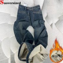 Koreanische Design Samt Gefüttert Gerade Jeans Frauen Casual Vintage Hohe Taille Breite Bein Denim Hosen Winter Warme Schnee Tragen Vaqueros
