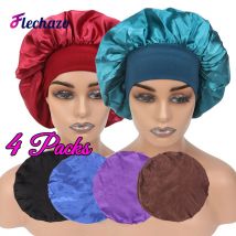 4 Stück Seidensatin-Hauben für schwarze Frauen und Männer – verstellbare elastische Band-Haarwickel für lockiges Haar – Nachtmütze zum Schlafen