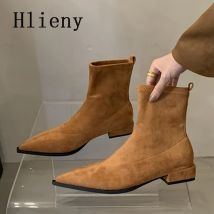 Hlieny Herbst Winter Spitz Stiefeletten Frauen Designer Vintage Platz Niedrigen Ferse Schuhe Moderne Kurze Botas Zapatos De Mujer